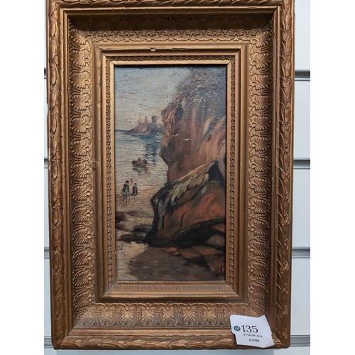 135 - Oil on board of a coastal scene, monogrammed lower right 'J.C', in an ornate gilt frame 35 x 36cm