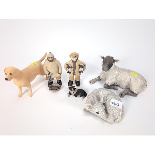 153 - Beswick Yellow Labrador, Solomon of Wendover, Ht 14cms, with 5 other studio pottery pieces, a sheep,... 