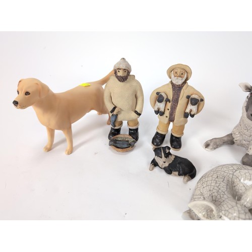 153 - Beswick Yellow Labrador, Solomon of Wendover, Ht 14cms, with 5 other studio pottery pieces, a sheep,... 