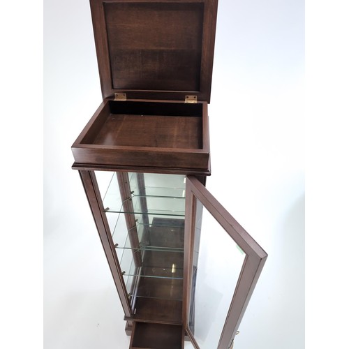 54 - Glass display cabinet with drawer to base 37cm by 32cm by 131cm approx