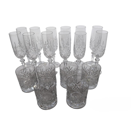 195 - Set of 12 crystal champagne flutes & 6 whisky tumblers