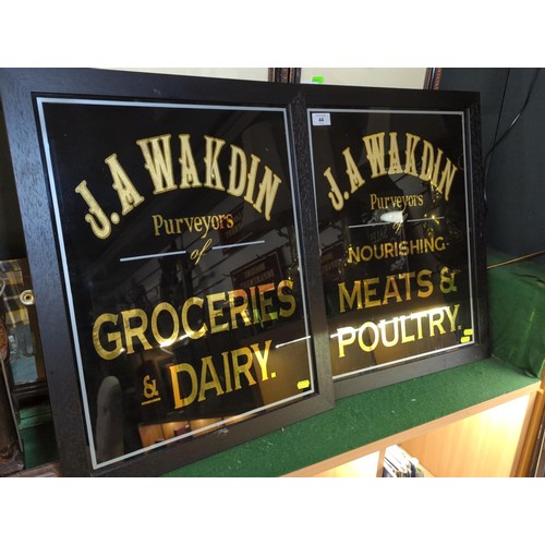 211 - Two framed 'J. A. Wakdin Purveyors of Nourishing Meats & Poultry/Groceries & Dairy' mirrored... 