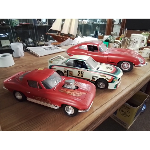 576 - 3 x Large plastic model cars inc. corvettee, Gregg/Redland BMW & E type Jaguar