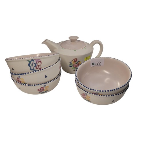 522 - Poole Pottery Traditional Ware teapot and five dessert bowls