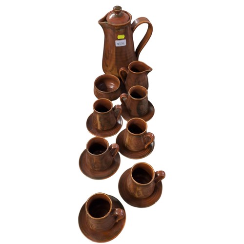 536 - Lamorna studio pottery coffee set with six cups and saucers, coffee pot, milk jug and sugar bowl