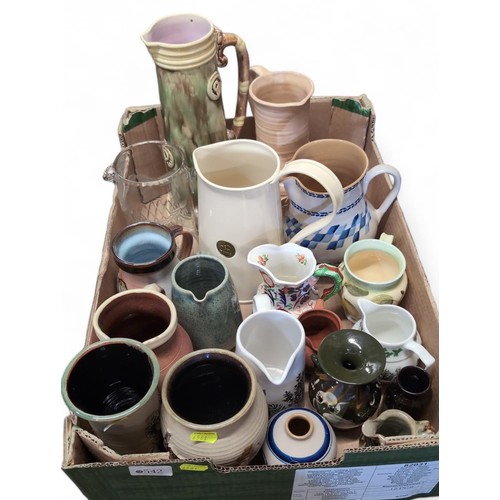 542 - Tray of assorted ceramic, glass and enamel jugs and vases, inc. Portmeirion and studio pottery