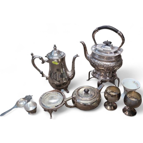 544 - Box of silver plated items inc, tea pot, spirit kettle on burner, tea strainer etc.