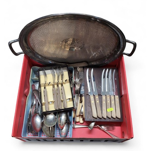 547 - Box of flatware inc. some silver plated, steak knives & forks and a plated serving tray