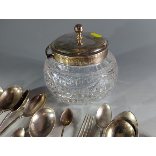 210 - Mappin & Webb cut glass biscuit barrel & silver plated flatware