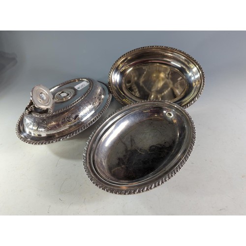 545 - Assorted silver plated serving ware inc. two lidded tureens (one with handle detached/locking mechan... 