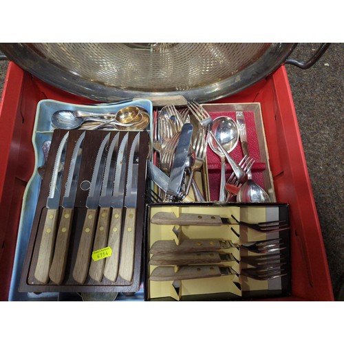 547 - Box of flatware inc. some silver plated, steak knives & forks and a plated serving tray