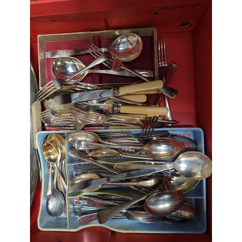 547 - Box of flatware inc. some silver plated, steak knives & forks and a plated serving tray