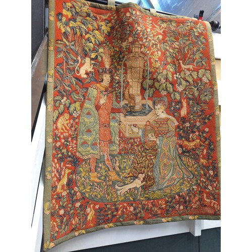 553 - Tapestry on wooden hanger, 'Le Roman de la Rose' by Anne-Roland Aknin, 88 x 115cm