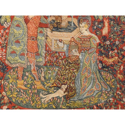 553 - Tapestry on wooden hanger, 'Le Roman de la Rose' by Anne-Roland Aknin, 88 x 115cm