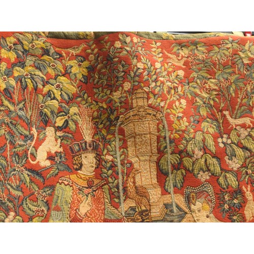 553 - Tapestry on wooden hanger, 'Le Roman de la Rose' by Anne-Roland Aknin, 88 x 115cm