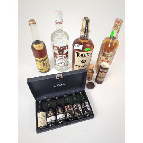 187 - 1litre bottles of Teachers Whisky and Smirnoff Vodka, 70cl of Grants Scitch Whisky, 50cl bottle of e... 