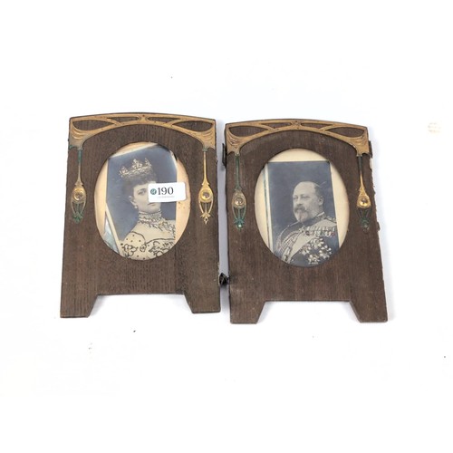 190 - Pair of Art Nouveau wooden photo frames, hinged together but a/f, with photos of King Edward VII and... 