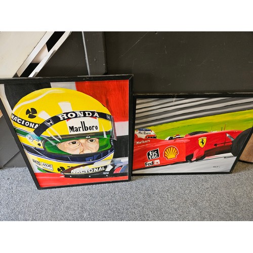 109A - 2 framed oil on board: Ayrton Senna portrait, 67x79.5cms  and a racing Ferrari, 80x67cms, both signe... 