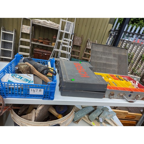 147B - metal tool tray with fixings, cased bosch drill + blue tray with angle grinder etc