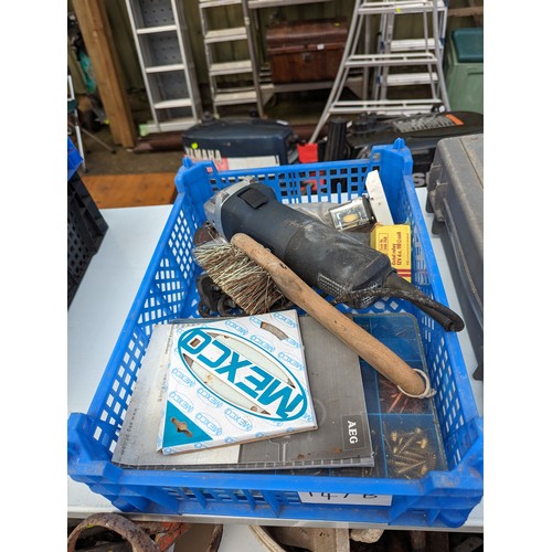 147B - metal tool tray with fixings, cased bosch drill + blue tray with angle grinder etc