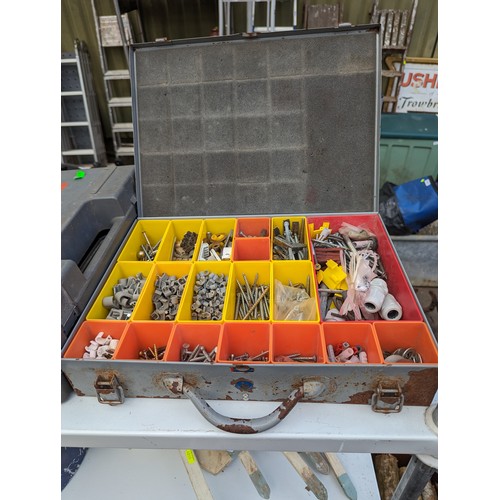 147B - metal tool tray with fixings, cased bosch drill + blue tray with angle grinder etc