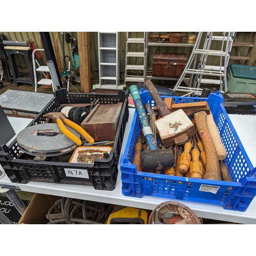 147A - two small mushroom trays containing tools inc chisels, tape measure, stanley plane etc