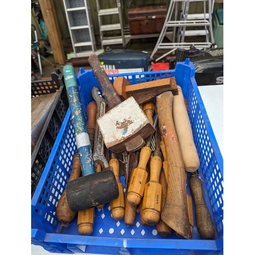 147A - two small mushroom trays containing tools inc chisels, tape measure, stanley plane etc