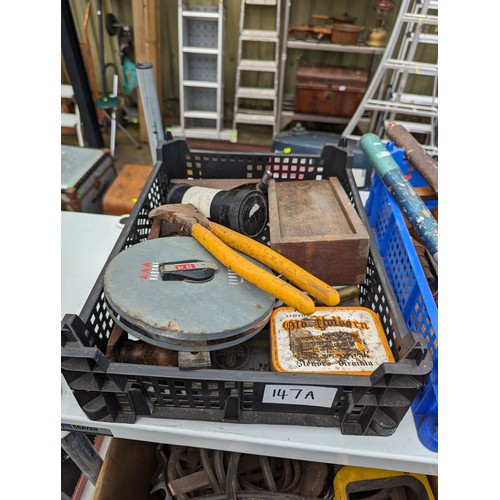 147A - two small mushroom trays containing tools inc chisels, tape measure, stanley plane etc