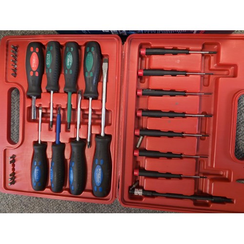 293 - Bosch gsr 14.4v drill with 3 batteries, no charger, and boxed screwdriver set