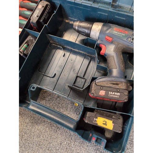 293 - Bosch gsr 14.4v drill with 3 batteries, no charger, and boxed screwdriver set