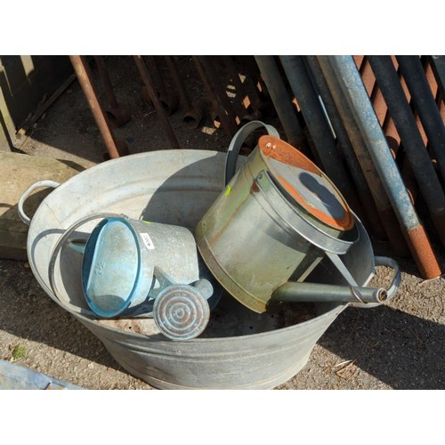 102 - Galvanized watering cans plus planter