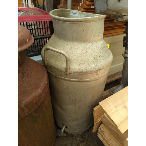 128 - Milk churn, no lid, tap put in but unsealed and misshapen top