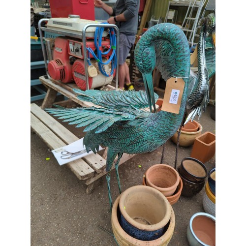 183 - 2 metal Heron garden ornaments, with faux Verdigris effect. Appear new & unused. Includes clips ... 