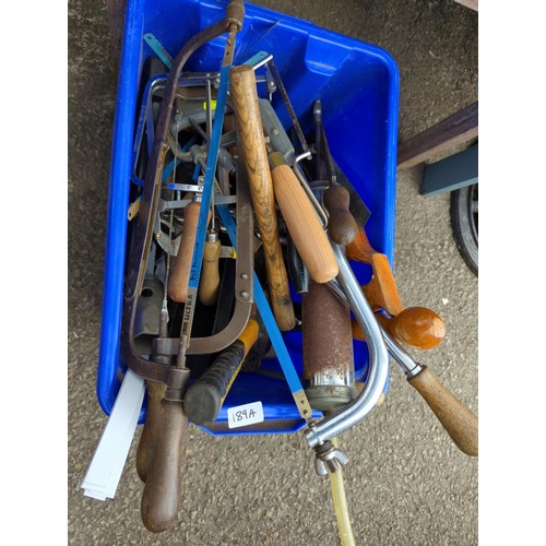 189A - Blue & yellow boxes full of various hand tools, inc. hancksaws, slate ripper, auger bits, plus s... 