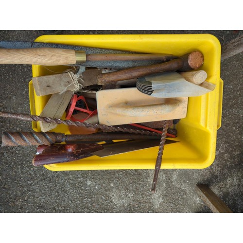 189A - Blue & yellow boxes full of various hand tools, inc. hancksaws, slate ripper, auger bits, plus s... 