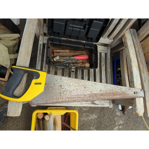 189A - Blue & yellow boxes full of various hand tools, inc. hancksaws, slate ripper, auger bits, plus s... 