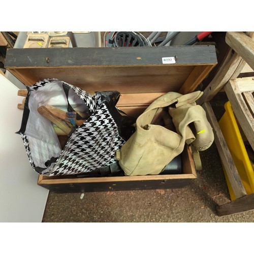 190 - Large wooden toolbox & contents, inc. mostly vintage handtools, planes & rolls of DPC