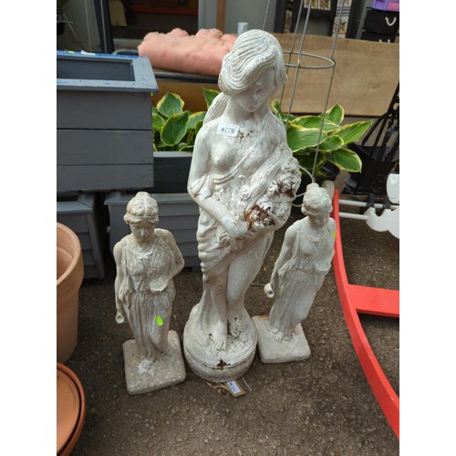 204 - Three fibreglass classical garden figures, tallest 77cm