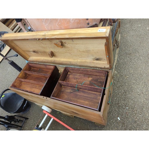 215 - Carpenter's pine box with two insert trays with lock but no key and metal handles, W89 x D33 x H38cm