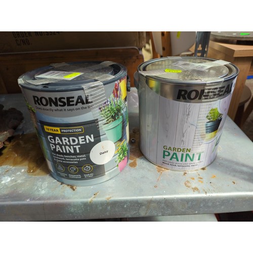 222 - Two tins of Ronseal garden paint, one 'blackbird' and one 'daisy', appear unopened