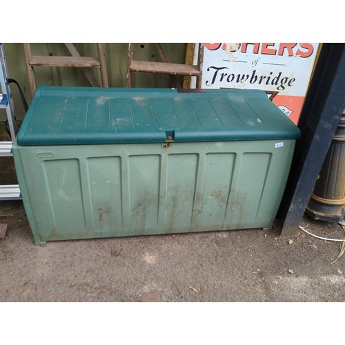 22 - Plastic garden storage chest/box 120 x 154 x 63cm with 3 x plastic petrol cans and wall extension pr... 