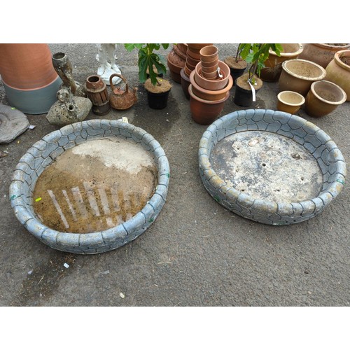 3 - 2 x shallow concrete planters one with holes drilled one without D75cm H18cm