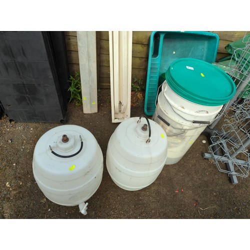 56 - Three brewing buckets with two lids and two plastic barrels 