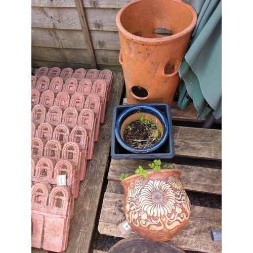 88 - Terracotta strawberry planter, wall pocket planter plus one ceramic and one plastic