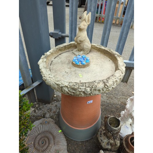 8 - Terracotta bird bath with shell and bunny decoration H69cm x D50cm