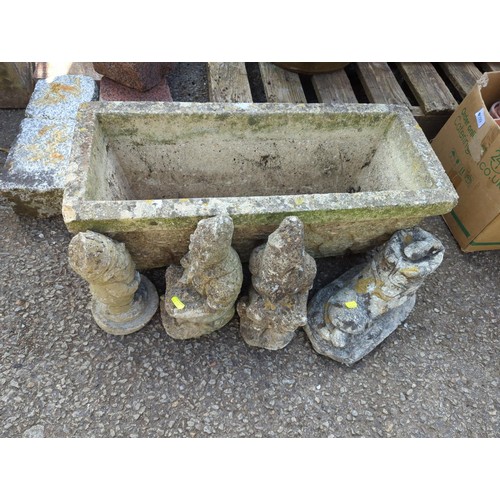 91 - Concrete trough planter L66cm together with 3 gnomes and a boot