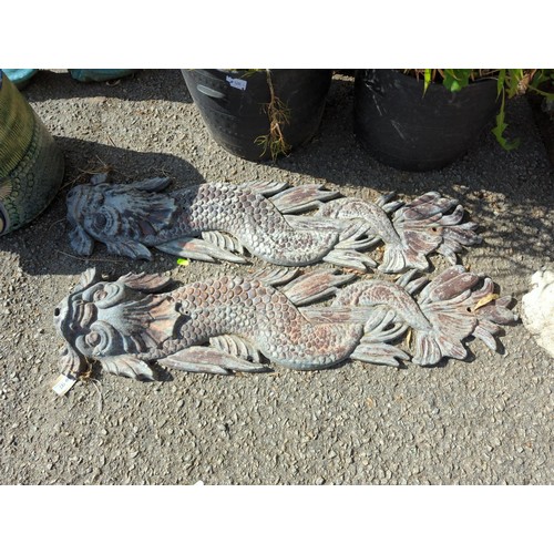 97 - Pair of Asian style fish in lead with open mouths, in the form of wall plaques for a water feature L... 