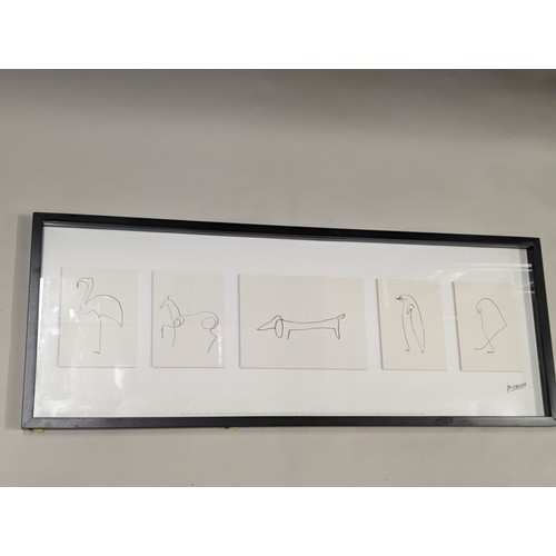 654 - Montage of five Picasso animal prints in modern frame, 104 x 40cm