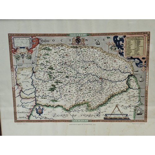 655 - Print of Saxton's Map of Norfolk, 1574, framed 54 x 64cm