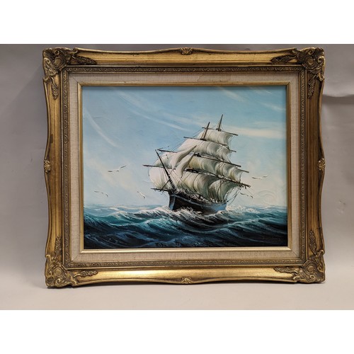 673 - Rupert Hydan, oil on canvas of a ship in full sail, signed lower right, in ornate gilt frame 65 x 55... 